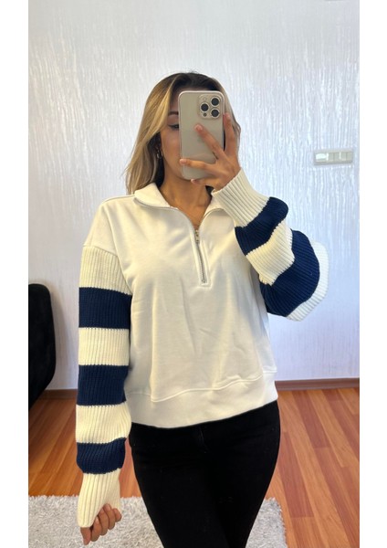 Kollar Triko Çizgi Detay Lacivert Beyaz Triko modelleri