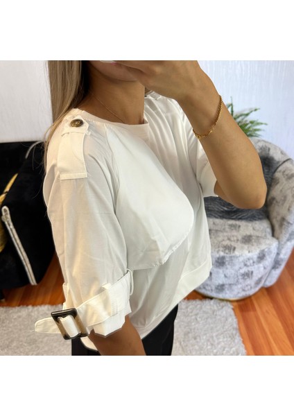 Kol Kemer Detay Beyaz Tişört