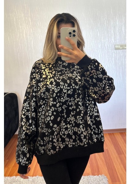 Leopar Desenli Sweatshirt Siyah