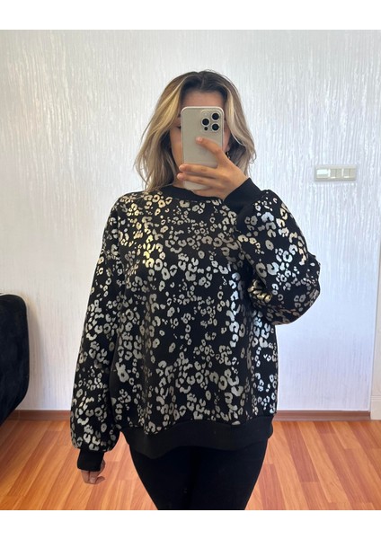 Leopar Desenli Sweatshirt Siyah