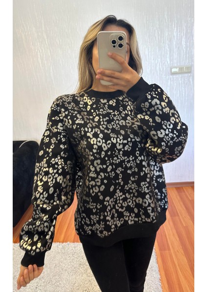 Leopar Desenli Sweatshirt Siyah