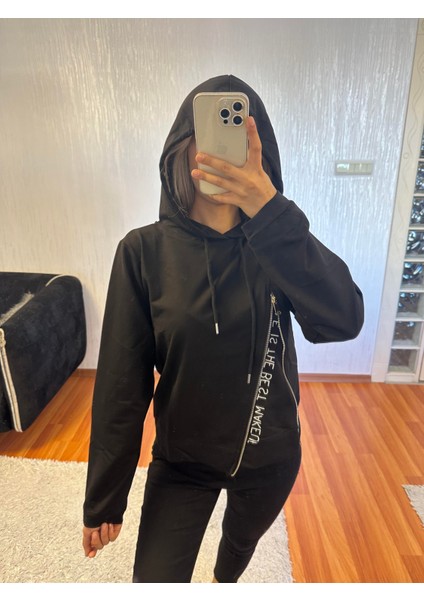 Fermuar Detay Kapüşonlu Tasarım Siyah Sweet