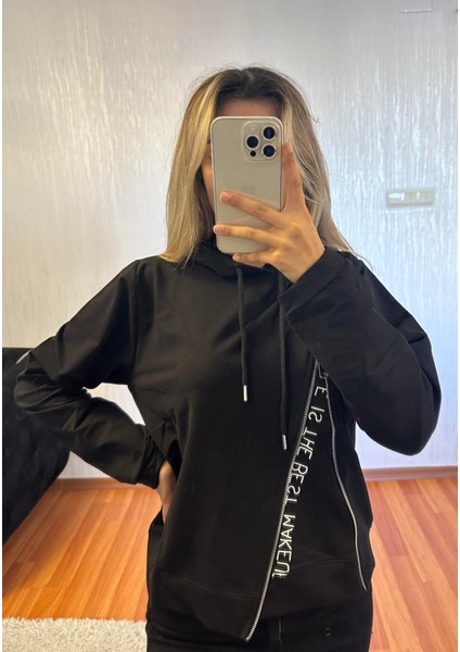 Fermuar Detay Kapüşonlu Tasarım Siyah Sweet fiyatları