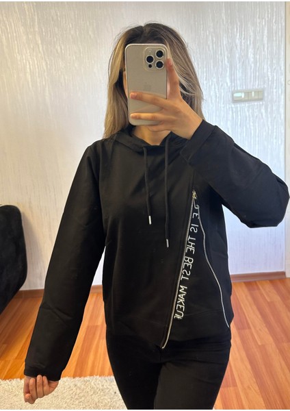Fermuar Detay Kapüşonlu Tasarım Siyah Sweet modelleri