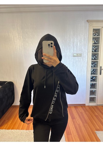 Fermuar Detay Kapüşonlu Tasarım Siyah Sweet fırsatları