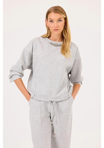Kadın Çift Kumaşlı Taşlı Sweatshirt 0002 Gri