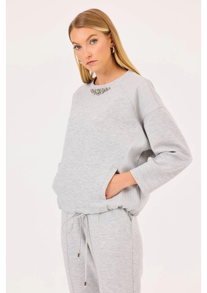 Kadın Çift Kumaşlı Taşlı Sweatshirt 0002 Gri