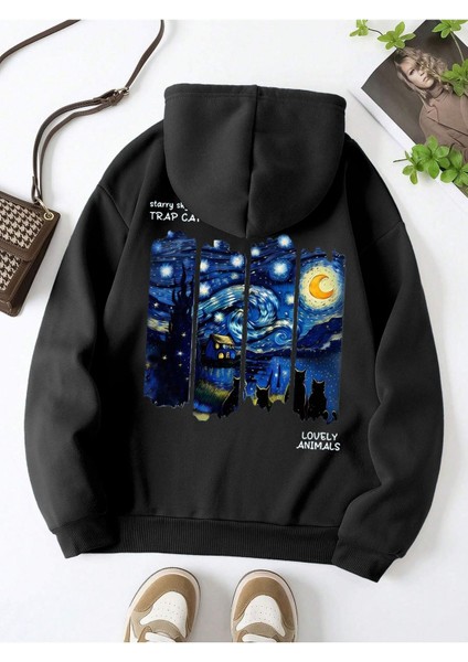 Yıldızlı Gece 3 Iplik Kalın Kışlık Sweatshirt - Siyah Baskılı Oversize Kapüşonlu Hoodie