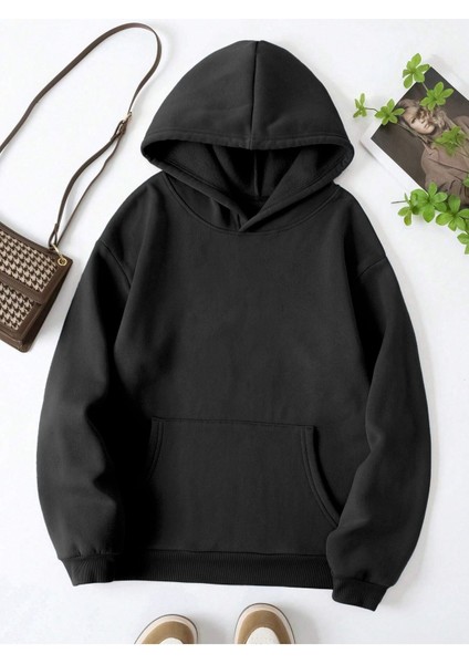 Yıldızlı Gece 3 Iplik Kalın Kışlık Sweatshirt - Siyah Baskılı Oversize Kapüşonlu Hoodie