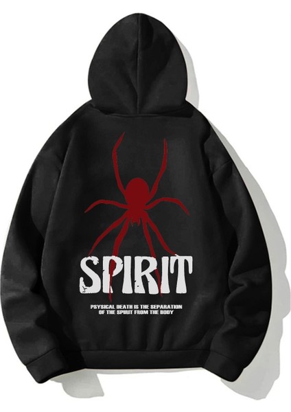 Spirit Örümcek 3 Iplik Kalın Kışlık Sweatshirt - Siyah Baskılı Oversize Kapüşonlu Hoodie