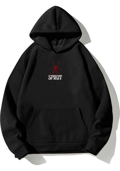 Spirit Örümcek 3 Iplik Kalın Kışlık Sweatshirt - Siyah Baskılı Oversize Kapüşonlu Hoodie