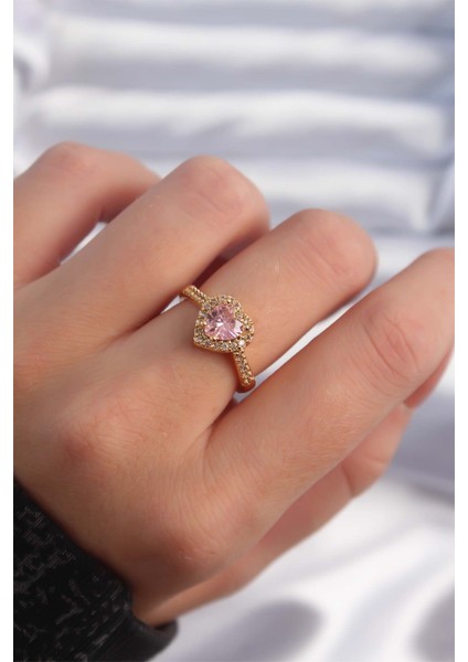 Pirinç Altın Renk Pembe Zirkon Taşlı Charm Model Ayarlanabilir Yüzük