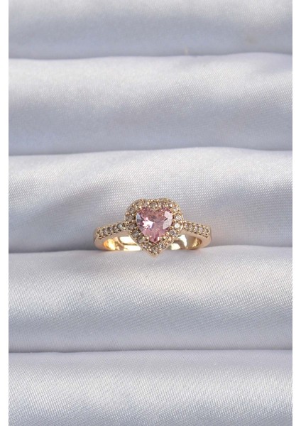 Pirinç Altın Renk Pembe Zirkon Taşlı Charm Model Ayarlanabilir Yüzük