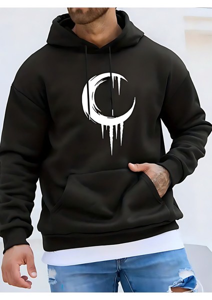 Hilal Tasarım 2 Iplik Kalın Kışlık Sweatshirt - Siyah Baskılı Oversize Kapüşonlu Hoodie