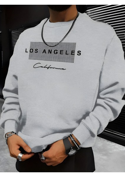 Los Angeles California Baskılı Kalın Kışlık Sweatshirt - Baskılı Oversize Bisiklet Yaka