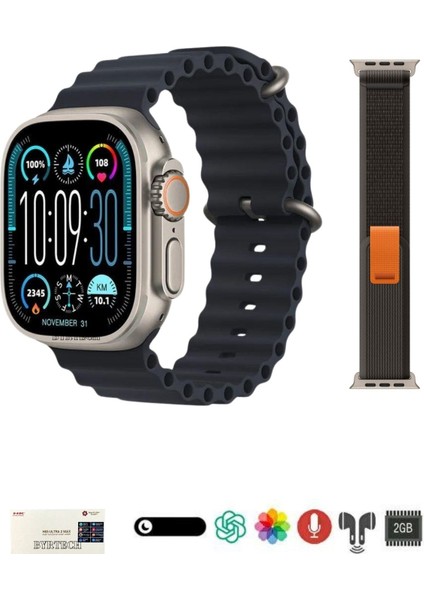 Siyah Hk9 Ultra 2 Max 2 GB Dahili Hafıza/chat Gpt/3d Animasyonlu Gen 4 Amoled Watch Ultra 2 Akıllı