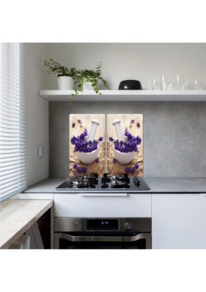 Dekoratif Cam Ocak Koruyucu ve Kesim Tahtası Şifalı Otlar 60CM x 52CM 2 Parça, 4'lü Ocaklar