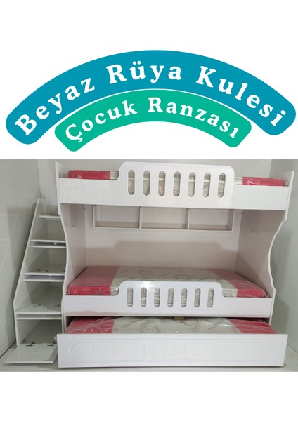 Mdf 3 Kişilik Beyaz Rüya Kulesi Çocuk Ranzası