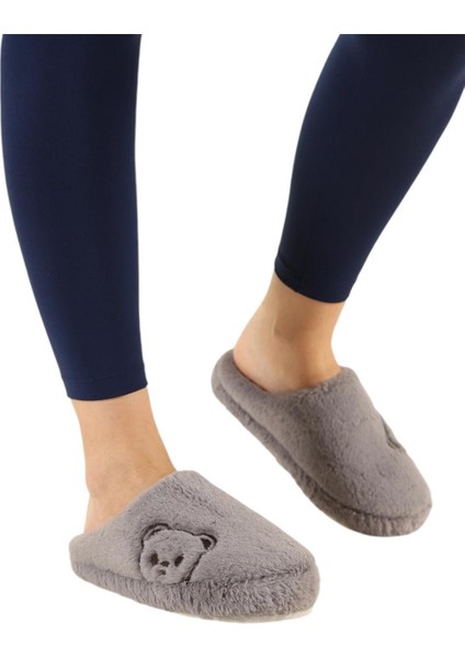 Önü Kapalı Ayıcık Baskılı Peluş Kadın Ev Terliği Gri modelleri