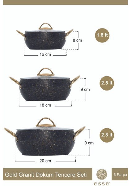 Gold Granit Döküm Güveç Tencere Set 6 Parça 16-18-20 cm E0023 fiyatları
