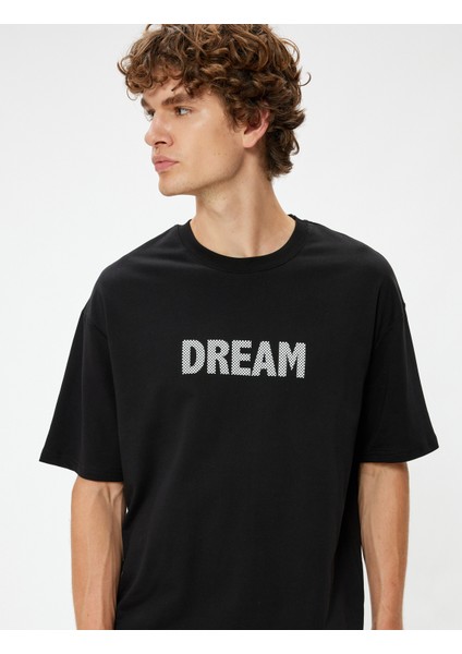Oversize Tişört Slogan Baskılı Bisiklet Yaka Kısa Kollu Pamuklu