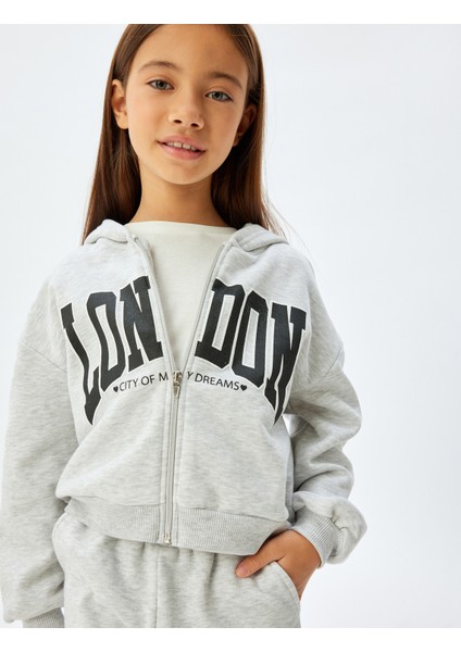 Fermuarlı Crop Sweatshirt Kapşonlu Baskı Detaylı Şardonlu