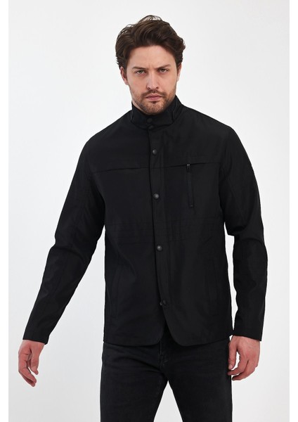 Erkek Siyah Regular Uzun Mevsimlik Pamuk Polyester Karışımlı Safari Mont&ceket