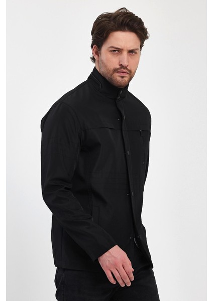 Erkek Siyah Regular Uzun Mevsimlik Pamuk Polyester Karışımlı Safari Mont&ceket