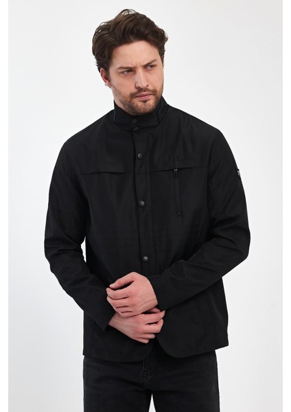 Erkek Siyah Regular Uzun Mevsimlik Pamuk Polyester Karışımlı Safari Mont&ceket