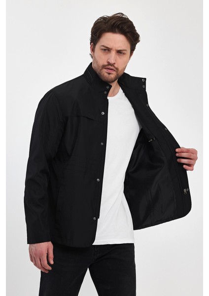 Erkek Siyah Regular Uzun Mevsimlik Pamuk Polyester Karışımlı Safari Mont&ceket