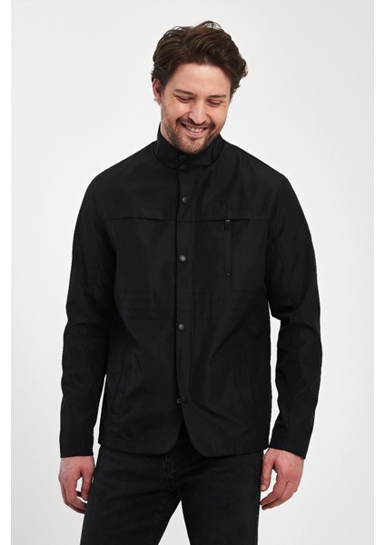 Erkek Siyah Regular Uzun Mevsimlik Pamuk Polyester Karışımlı Safari Mont&ceket