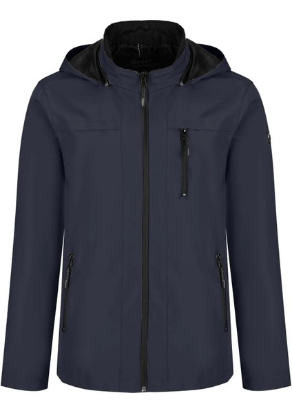 Erkek Lacivert Su Geçirmez Iç Cepli Çıkartılabilir Kapüşonlu Yazlık Mont