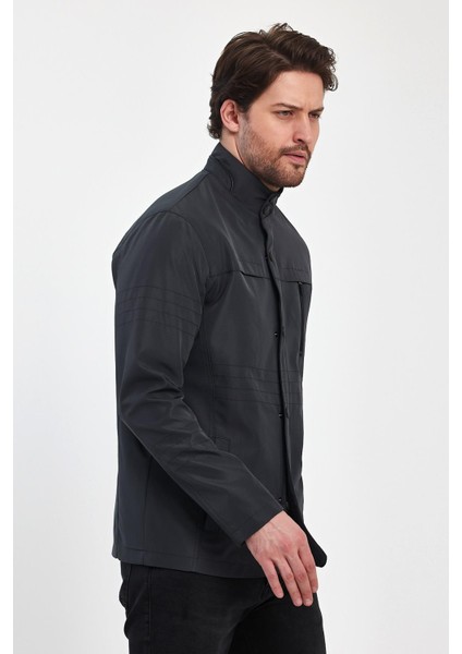 Erkek Gri Hakim Regular Uzun Mevsimlik Pamuk Polyester Karışımlı Safari Mont&ceket