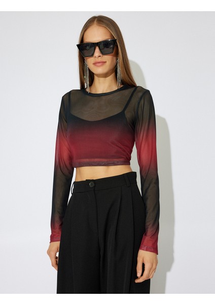 x Zeynep Bastık - Tül Crop Tişört Degrade Uzun Kollu Yuvarlak Yaka modelleri