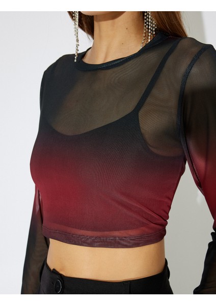 x Zeynep Bastık - Tül Crop Tişört Degrade Uzun Kollu Yuvarlak Yaka indirimleri