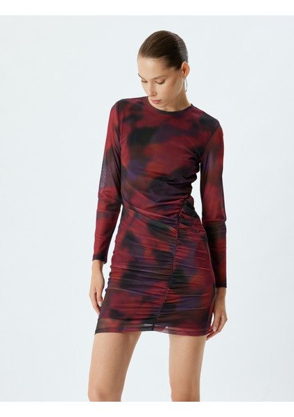 Tül Elbise Mini Drapeli Batik Desenli Bisiklet Yaka Uzun Kollu Slim Fit fiyatları