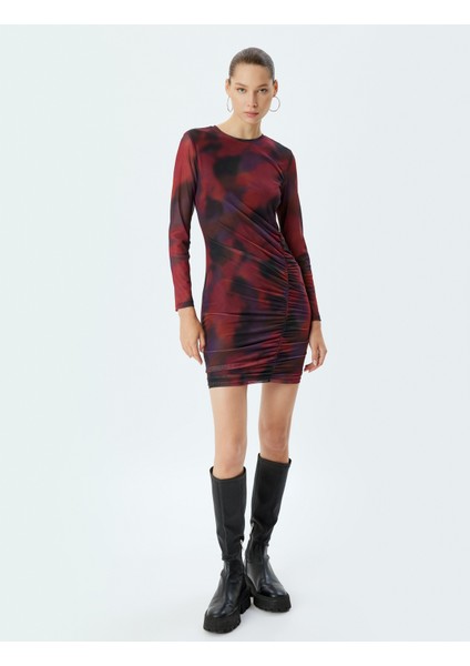 Tül Elbise Mini Drapeli Batik Desenli Bisiklet Yaka Uzun Kollu Slim Fit modelleri