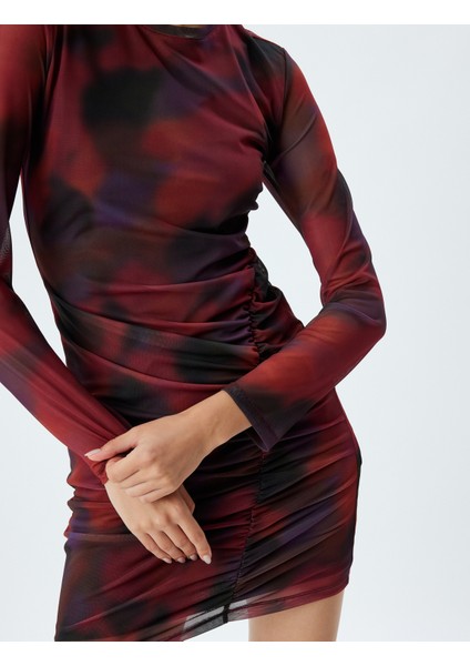 Tül Elbise Mini Drapeli Batik Desenli Bisiklet Yaka Uzun Kollu Slim Fit indirimleri