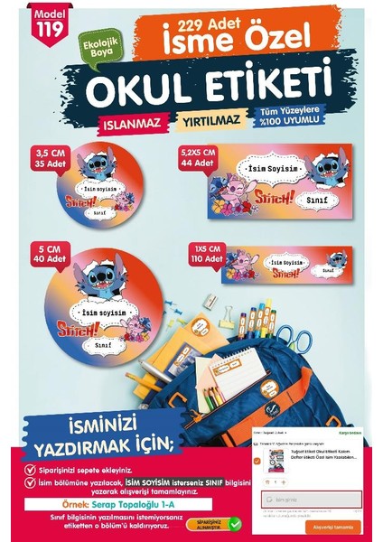 Okul Etiketi Stitch Temalı Kalem Defter Etiketi