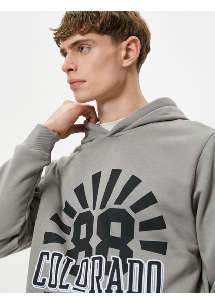 Kapşonlu Sweatshirt Kolej Baskılı Uzun Kollu Ribanalı