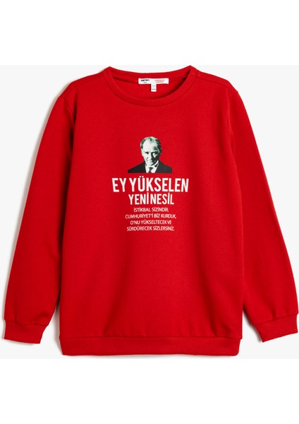 Atatürk Baskılı Sweatshirt Şardonlu Bisiklet Yaka Uzun Kollu