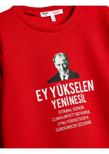 Atatürk Baskılı Sweatshirt Şardonlu Bisiklet Yaka Uzun Kollu