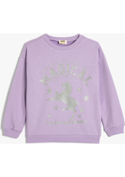 Sweatshirt Unicorn Baskılı Bisiklet Yaka Uzun Kollu Pamuklu