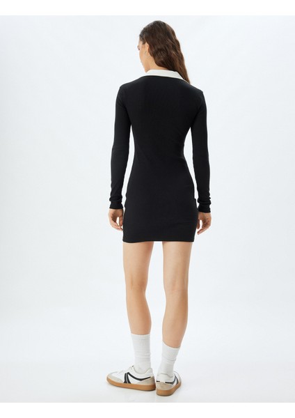 Polo Yaka Mini Kalem Elbise Slim Fit Fitilli Renk Kontrastlı Uzun Kollu fırsatları