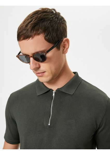 Polo Yaka Triko Kazak Yarım Fermuarlı Kısa Kollu