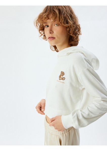 Kapüşonlu Crop Sweatshirt Pijama Üstü Ayıcık Işlemeli Pamuklu Üç Iplik