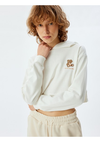Kapüşonlu Crop Sweatshirt Pijama Üstü Ayıcık Işlemeli Pamuklu Üç Iplik fiyatları