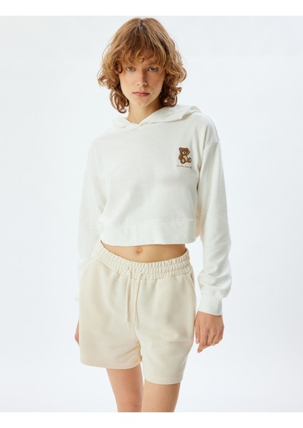 Kapüşonlu Crop Sweatshirt Pijama Üstü Ayıcık Işlemeli Pamuklu Üç Iplik modelleri