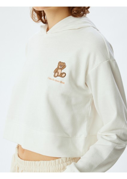 Kapüşonlu Crop Sweatshirt Pijama Üstü Ayıcık Işlemeli Pamuklu Üç Iplik indirimleri