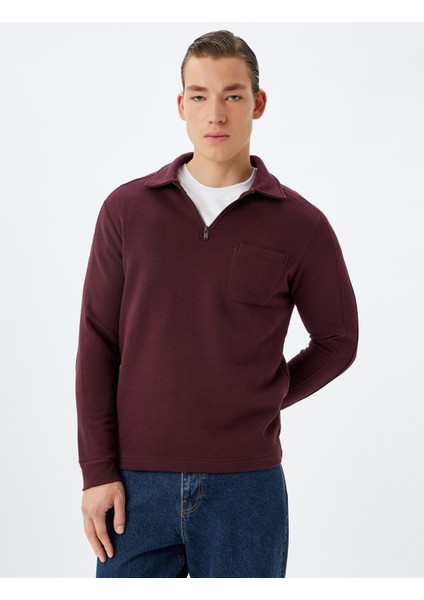 Polo Yaka Sweatshirt Uzun Kollu Cep Detaylı Pamuk Karışımlı